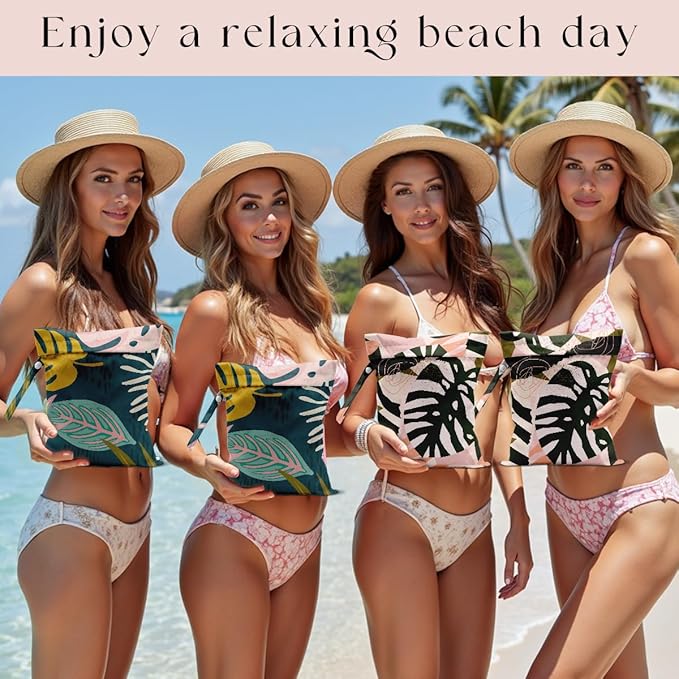 4 Pack Wet Bag for Swimsuit, Beach Travel Essentials Wet Dry Bag, for Sunscreen Toiletry Dirty Clothes Yoga Gym Diaper, Friend Summer Beach Vacation Gifts. Palm leaves