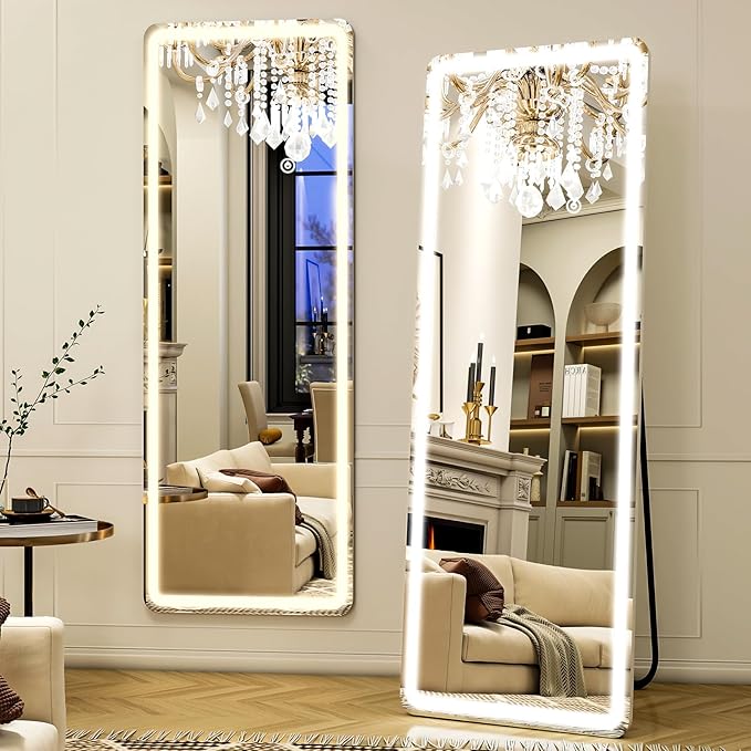 Full Length Mirror - 16" x 60" Mirror Full Length with LED Lights Adjustable Screen Brightness, Wall Mounted or Freestanding, Full Body Mirrors for Bedroom, Living Room, Cloakroom,Salon
