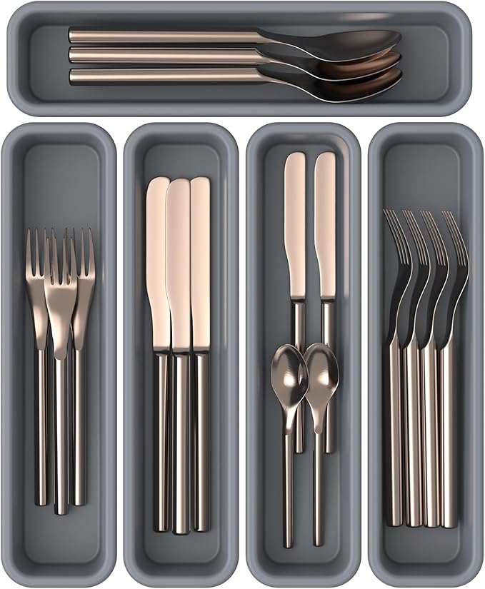 5 Pack Silicone Drawer Organizer for Kitchen, DIY Free Combination Silverware Organizer, Utensil Drawer Organizer, Moisture-proof and Heat-resistant up to 200°C, Anti-slip and Environmentally (Grey)