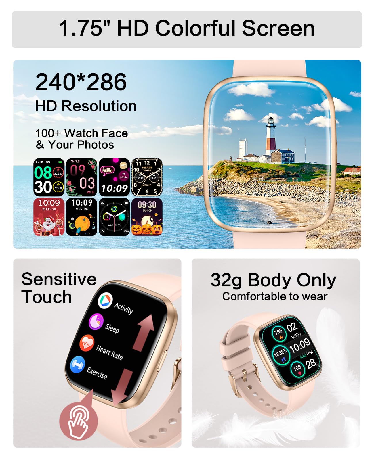 Smart Watches for Women, 1.75" Bluetooth Call, AI Voice Smartwatch, 24/7 Heart Rate Monitor, Blood Pressure/SpO2/Sleep Tracker, IP68 Waterproof, 100+ Sports Fitness Tracker for Android iOS Pink