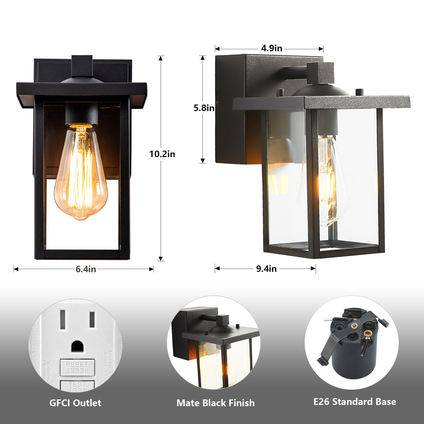 Oupavocs Outdoor Lights With Gfci Outlet  Black Front Porch Lights  Exterior Lighting Fixture With Outlet  Waterproof Outdoor Wall Sconce Wall Mount For House Garage  Patio  2 Packs