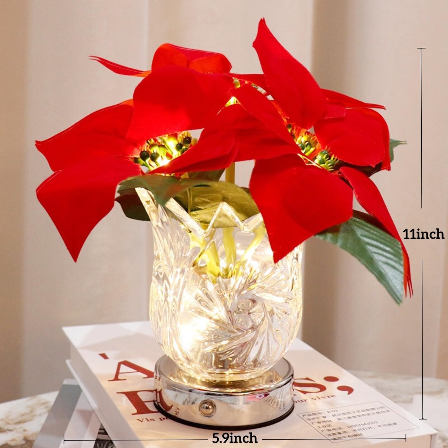 Nikuoan Christmas Poinsettia Table Lamp  Artificial Flower Lamp With Glass Vase Dimmable Cordless Lamp  Night Light Table Lamp For Living Room Bedroom Office Home Decor Gift