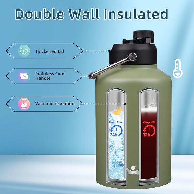 1 Gallon Jug with Handle,128 oz Insulated Water Bottle with Carrying Pouch, Double Wall Vacuum Stainless Steel Metal Bottle,Camp Green