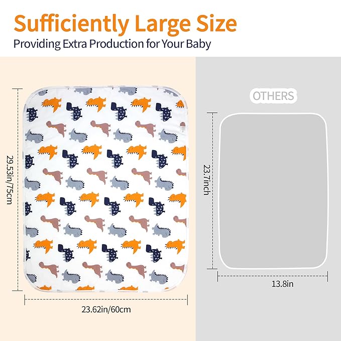 2Pcs Diaper Changing Pads for Baby, Dinosaur Change Mat, 3Layers Waterproof Change Pad Foldable Absorbent Mats for Women, Reusable Incontinence Underpads for Patient 24''x30'' (Colorful Dinosaur)
