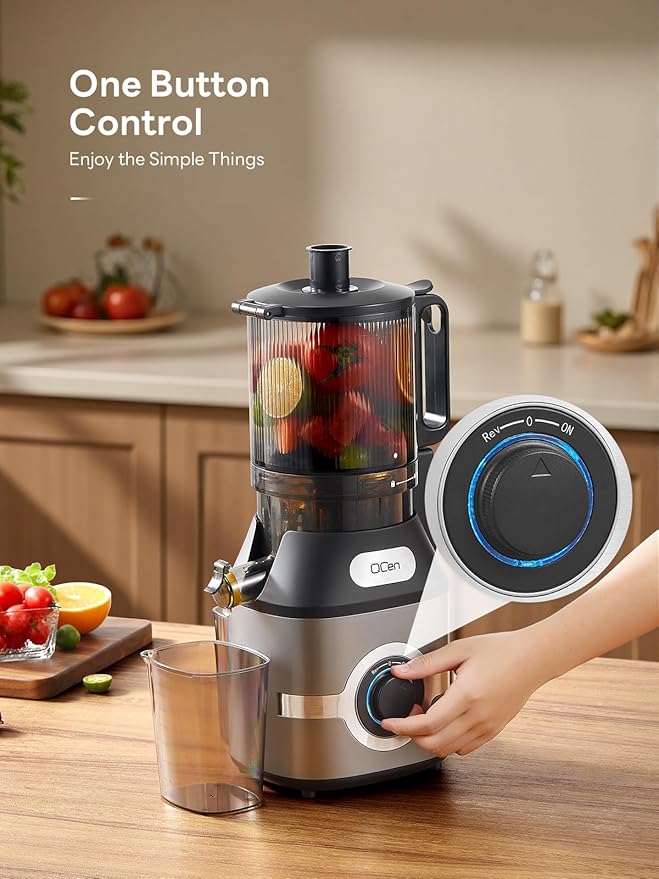 QCen Cold Press Juicer, 5.5” Wide Feed Chute Slow Masticating Juicer Machine for Whole Fruits and Vegetables, Easy to Clean (Gray)