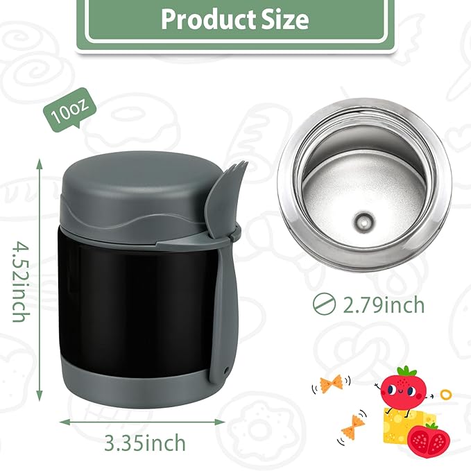 10oz Soup Thermo for Hot Food Kids,Lunch Kids Jar with Spoon Insulated Containers,Leak Proof Stainless Steel Wide Mouth Lunch School(Black)