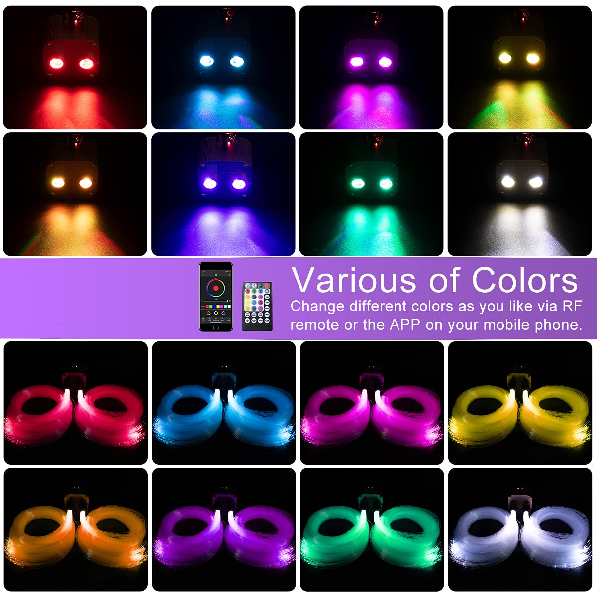 Akepo 20W Dual-Head Fiber Optic Star Ceiling Light Kit, Rgbw, 1100Pcs, 13.1Ft, Multicolor, Model Qj-L020, Sound Activated