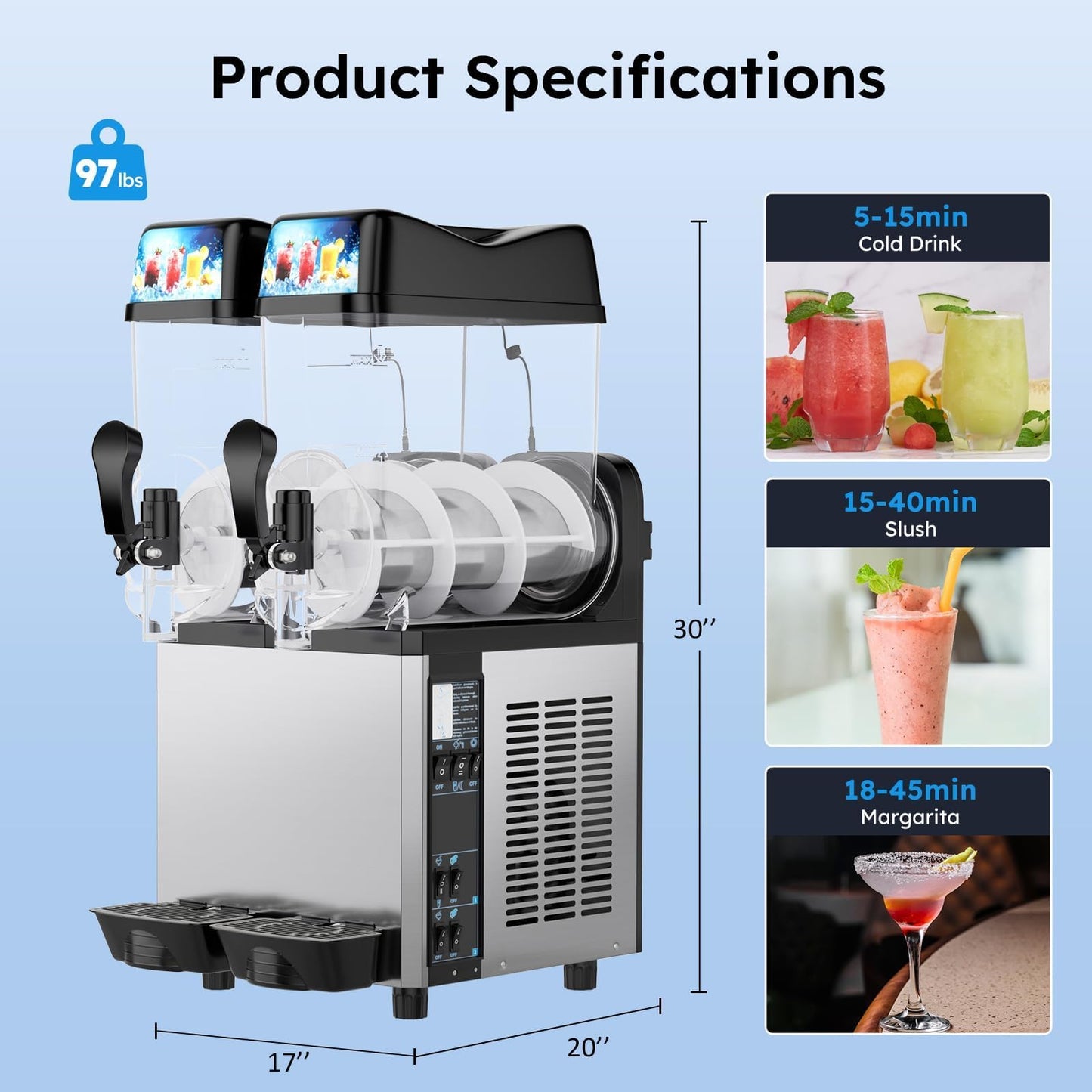 8Gal/30L Commercial Slushy Machine,Independently Control 2 Tank's Temp,5-45 Minutes to Make Margarita & Slushie & Cold Drink,Built-in LED Light,110V Professional Frozen Drink Maker with Self-cleaning