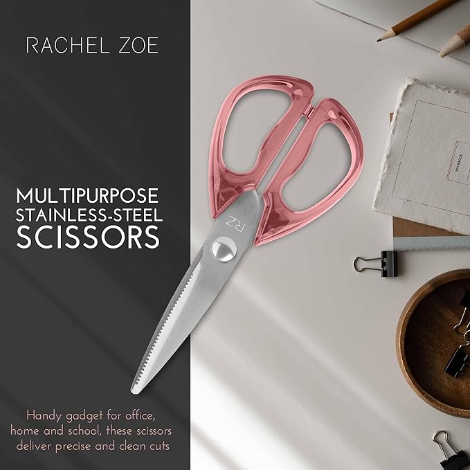 Rachel Zoe All Purpose Scissors, Scissors for Office, School or Art, Stainless Steel Sharp Shears with Large Handles, Dishwasher Safe (Pink/Silver)