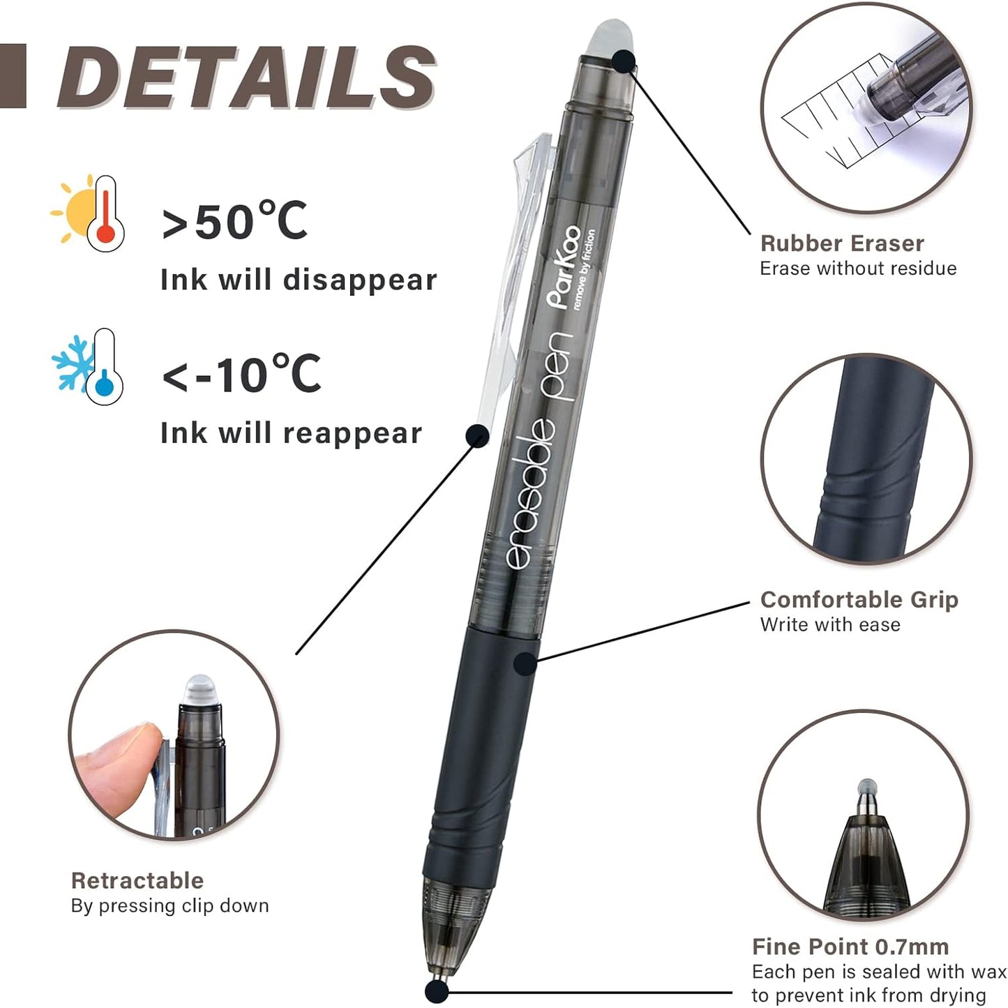 ParKoo Retractable Erasable Gel Pens Clicker Fine Point 0.7 mm, No Need for White Out, 8 Black/2 Blue/2 Red Ink for Completing Sudoku and Crossword Puzzles, 12-Pack