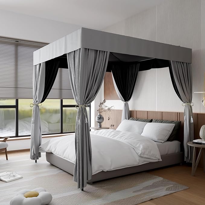 Hvqic Grey Canopy Bed Curtains - 4 Corner Post Bed Curtains Full Bed Curtains Lightproof Drapes Bed Canopy for Adults & Girls Bedroom Decoration(Full,Grey)