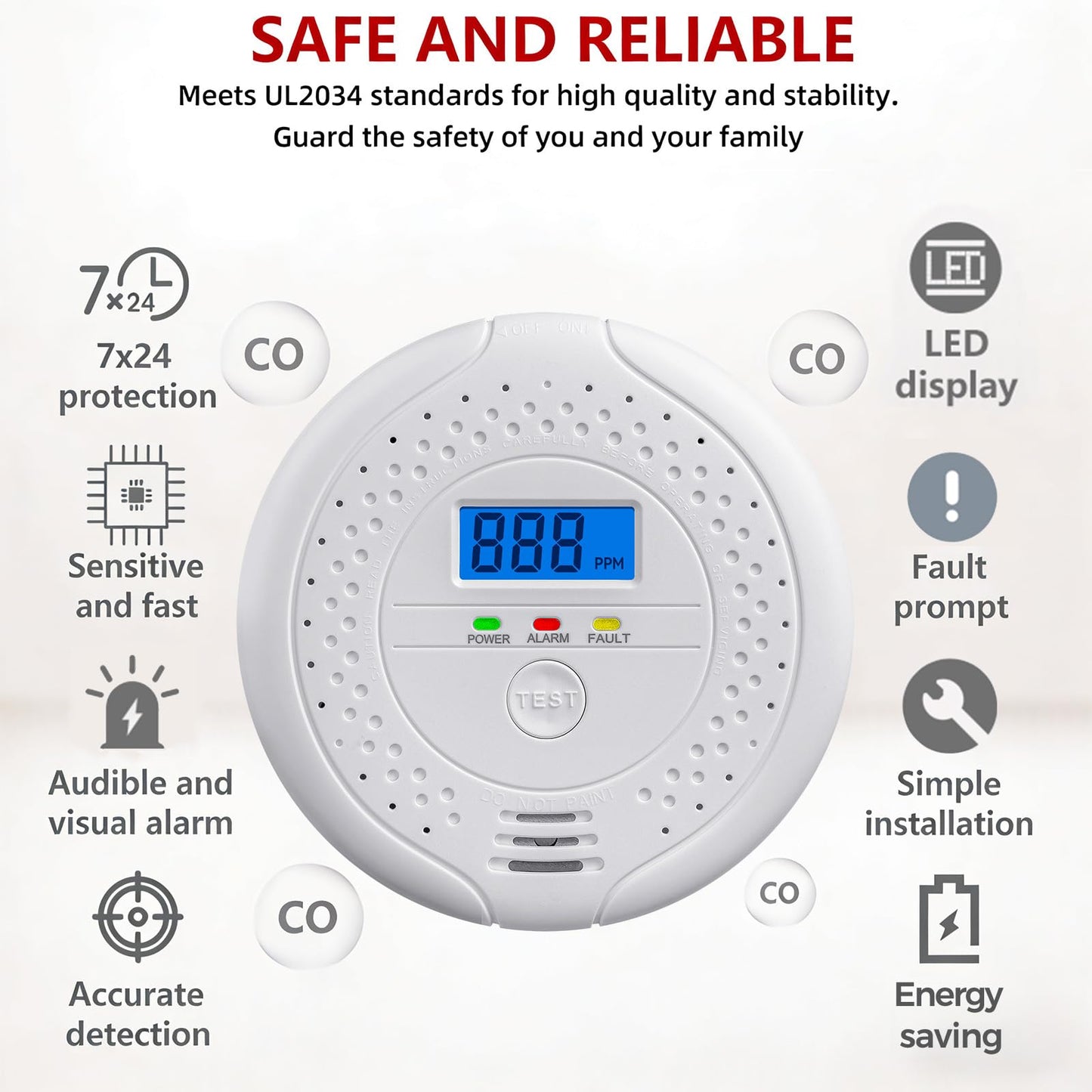 Battery Operated Carbon Monoxide Detector Alarm with Digital LCD Display, 85dB Warning Sound, LED Indicator Light, Portable CO Monitor for Home, Bedroom, Office, Hotel & RV Safety Protection