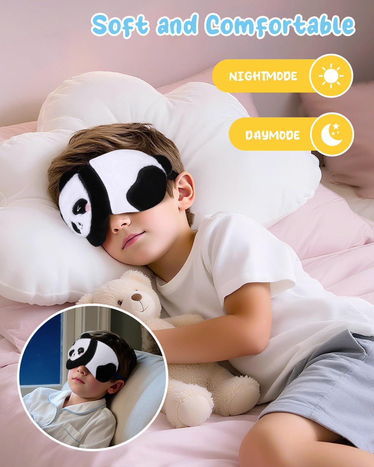 Miss Adola Sleep Mask for Kids - Cute Cartoon Plush Fuffy Sleeping Eye Cover Panda Kawaii Soft Eyeshade with Adjustable Strap Animal Eye Blindfold for Kids Girls Boys Teens