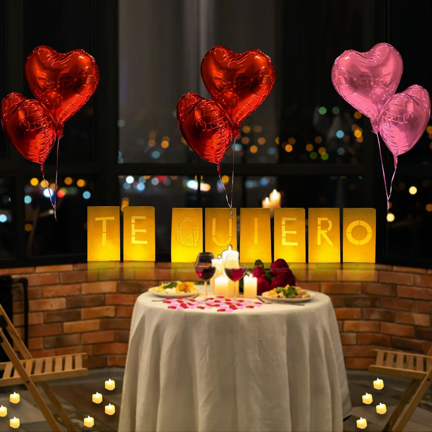 Te Quiero Lighted Letters Sign 17Pcs Luminary Paper Bags 2200Pcs Red Pink Artificial Rose Petals 48Pcs Flameless Led Candle Tealight 15Pcs Heart Balloons Romantic Night ValentineS Day