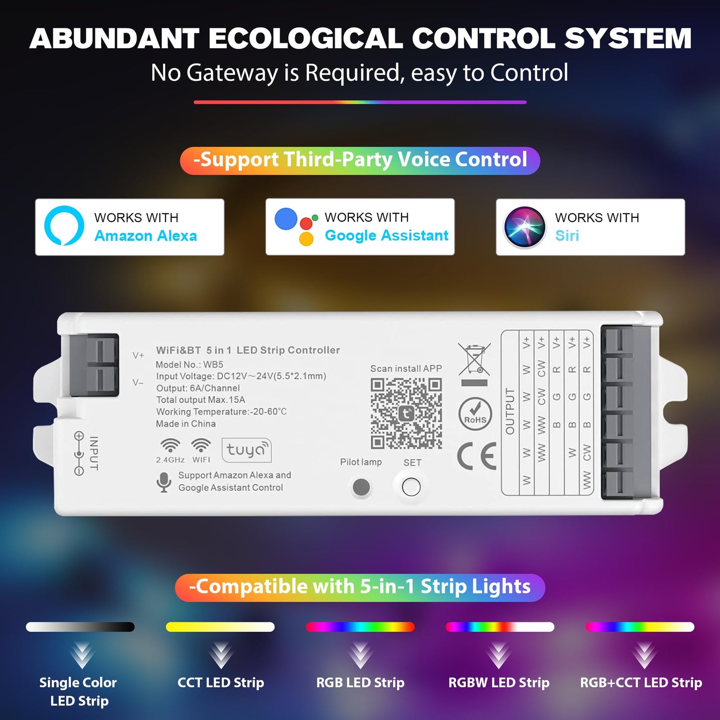 XXK LED Controller Kit with RF Remote Control, 12V/24V, 4-Zone Group, Compatible with Alexa/Google Home, WB5, Black