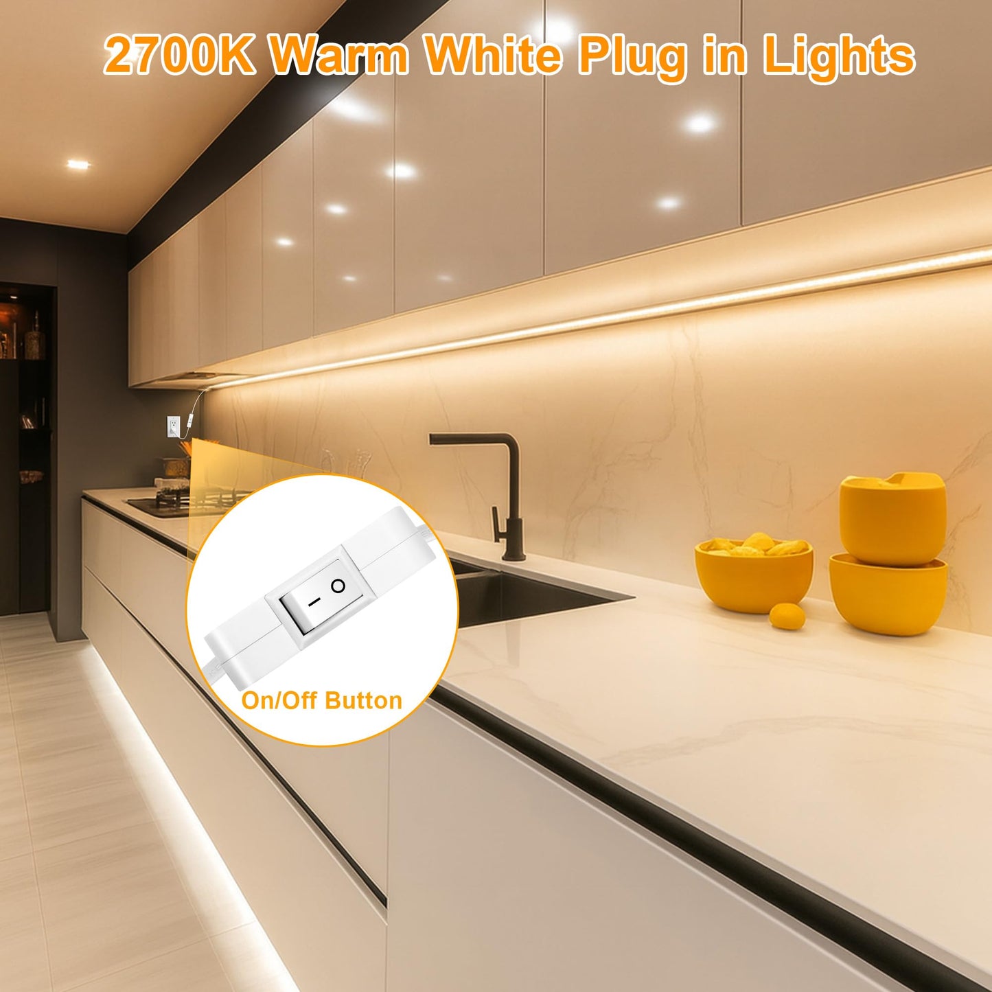 maylit LED Strip Lighting Plug in 24in, Warm White, Ultra Bright, PCB+LED, Model 2700K for Kitchen, Cabinet, Workbench, Indoor