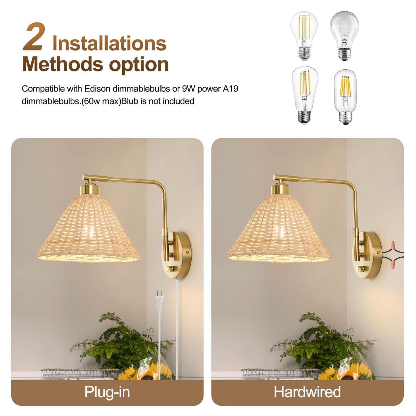 Weaboopre Rattan Plug In Wall Sconce Set Of 2  Gold Wall Lamps With Plug In Cord And Dimmer  Hand Woven Boho Sconces Swing Arm Wall Mount Light Fixture Beside Lighting For Bedroom  Living Room