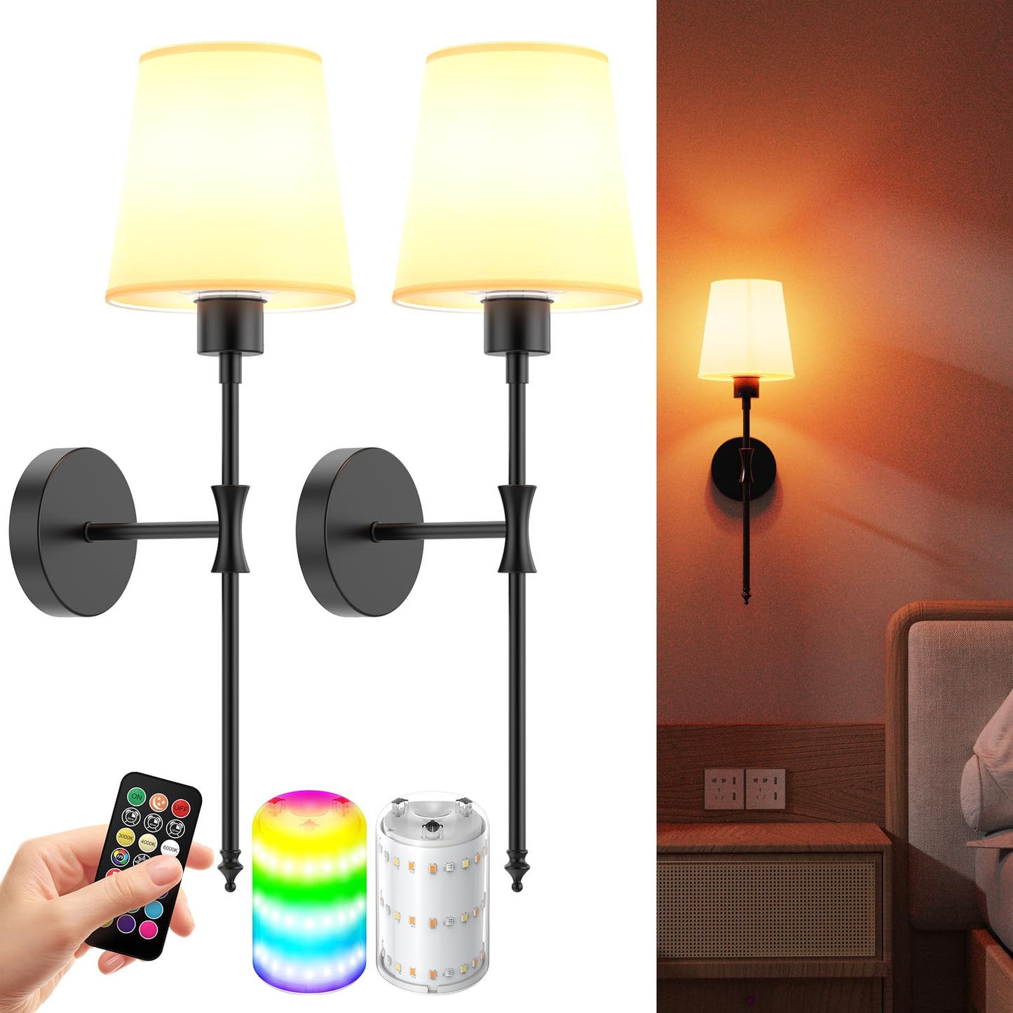 Tartek Battery Operated Wall Sconces Set of 2, Dimmable 1800K-6000K LED, 22.5 Inch, Black, Remote Control, Metal