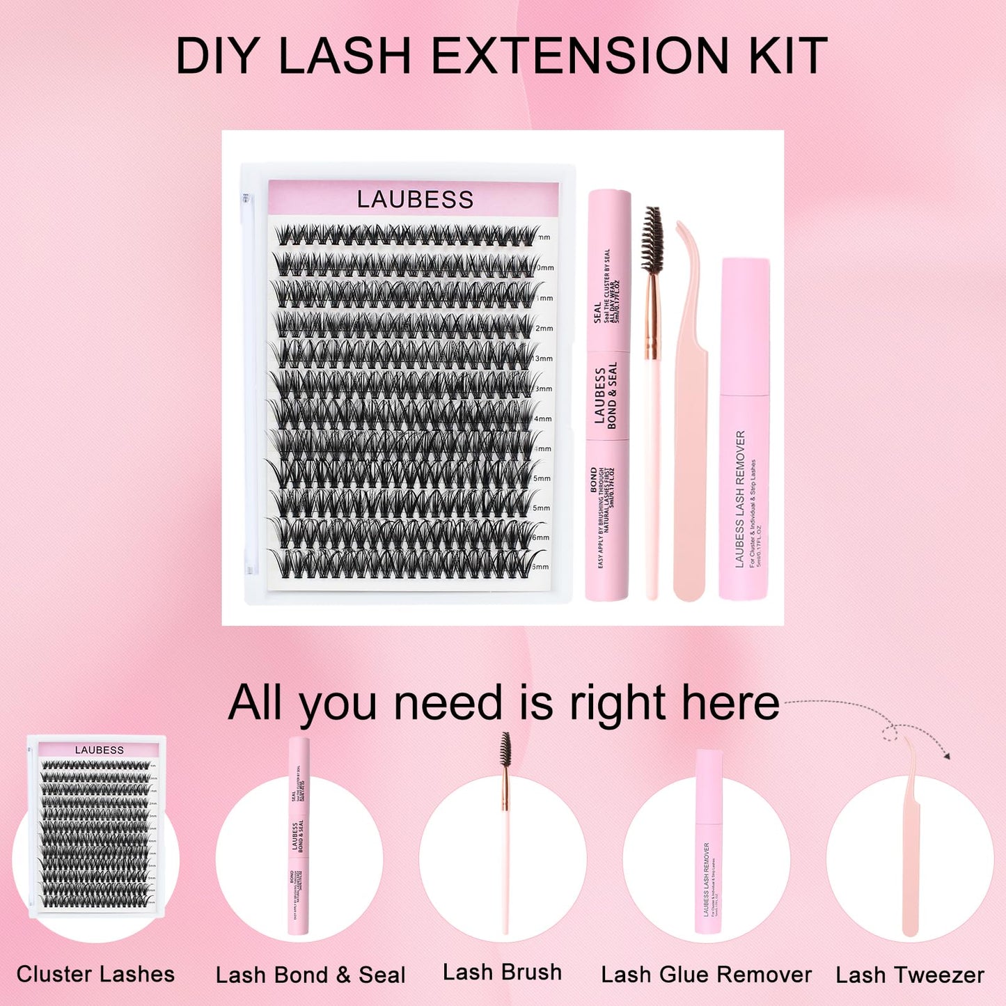 Lash Clusters Kit LAUBESS DIY Lash Extension Kit Lash Bond and Seal Waterproof Lash Glue Remover Tweezers Brush Cluster Eyelash