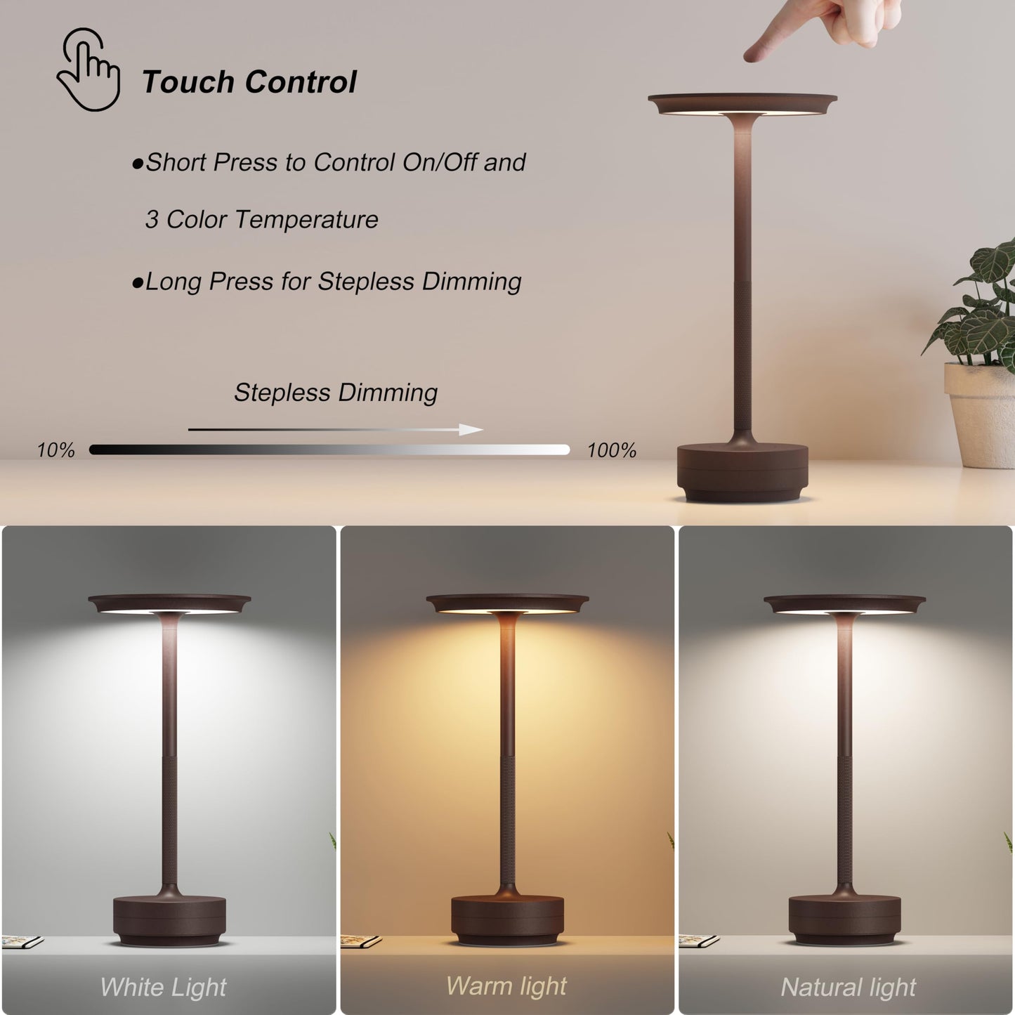 TBBGA Rechargeable Table Lamp, 5000mAh, 3 Color Stepless Dimming, Aluminum, Portable, Rust, Model T106C