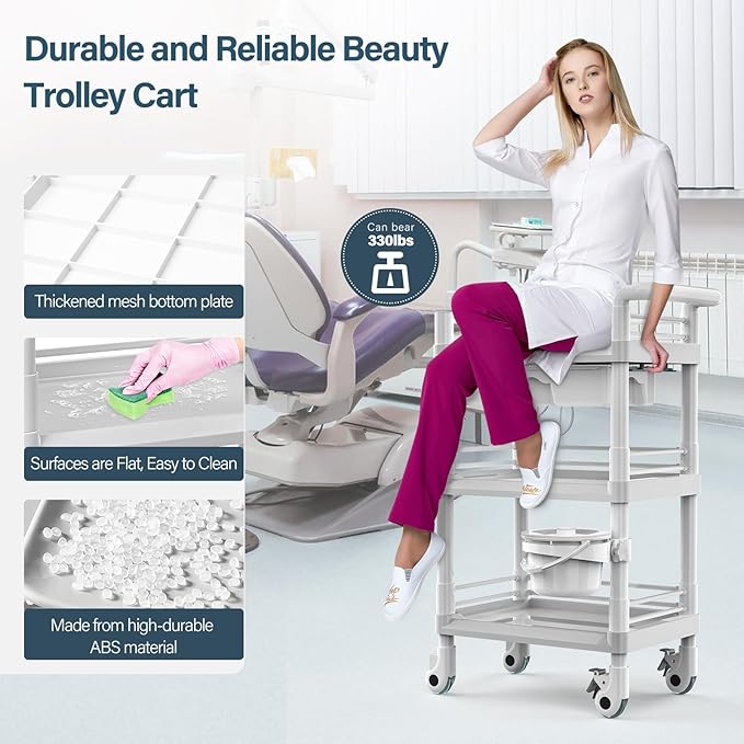 Beauty Salon Trolley Cart, Esthetician Cart with Wheels & Bucket and 1 Big Drawer, 3 Tier Heavy Duty SPA, Load 330lbs, 360° Rotate Silent Wheels for Beauty Salon SPA Hospital Office Lab
