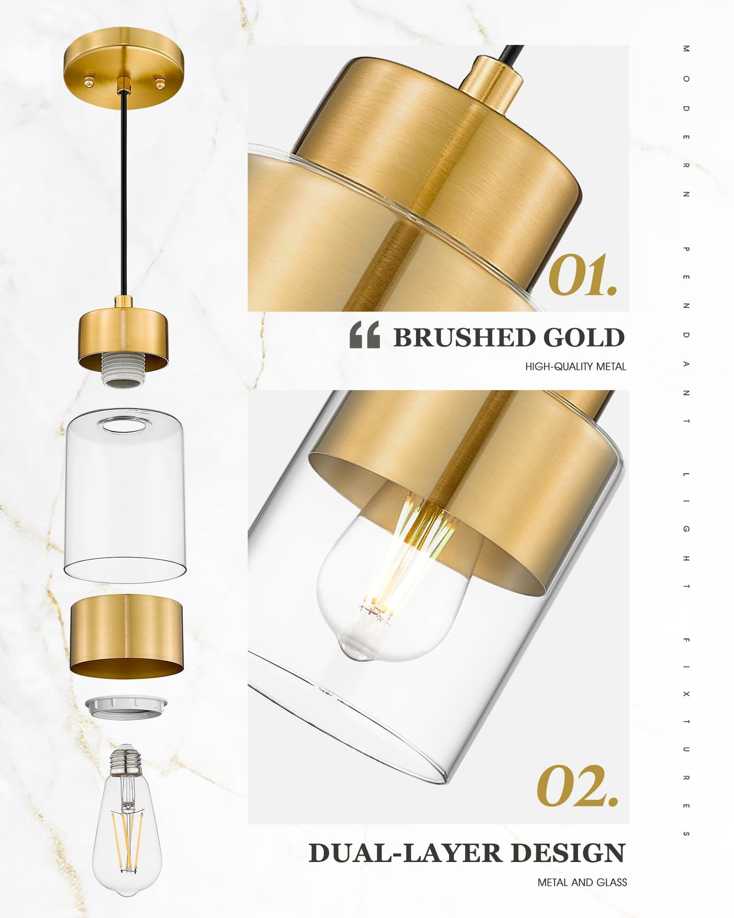 Audickic Gold Pendant Lights Kitchen Island  Dual Shade Hanging Lights Fixtures With Metal And Clear Glass  Modern Brass Kitchen Pendant Lighting Over Island For Dining Room  Ad-24022-1P-Gd