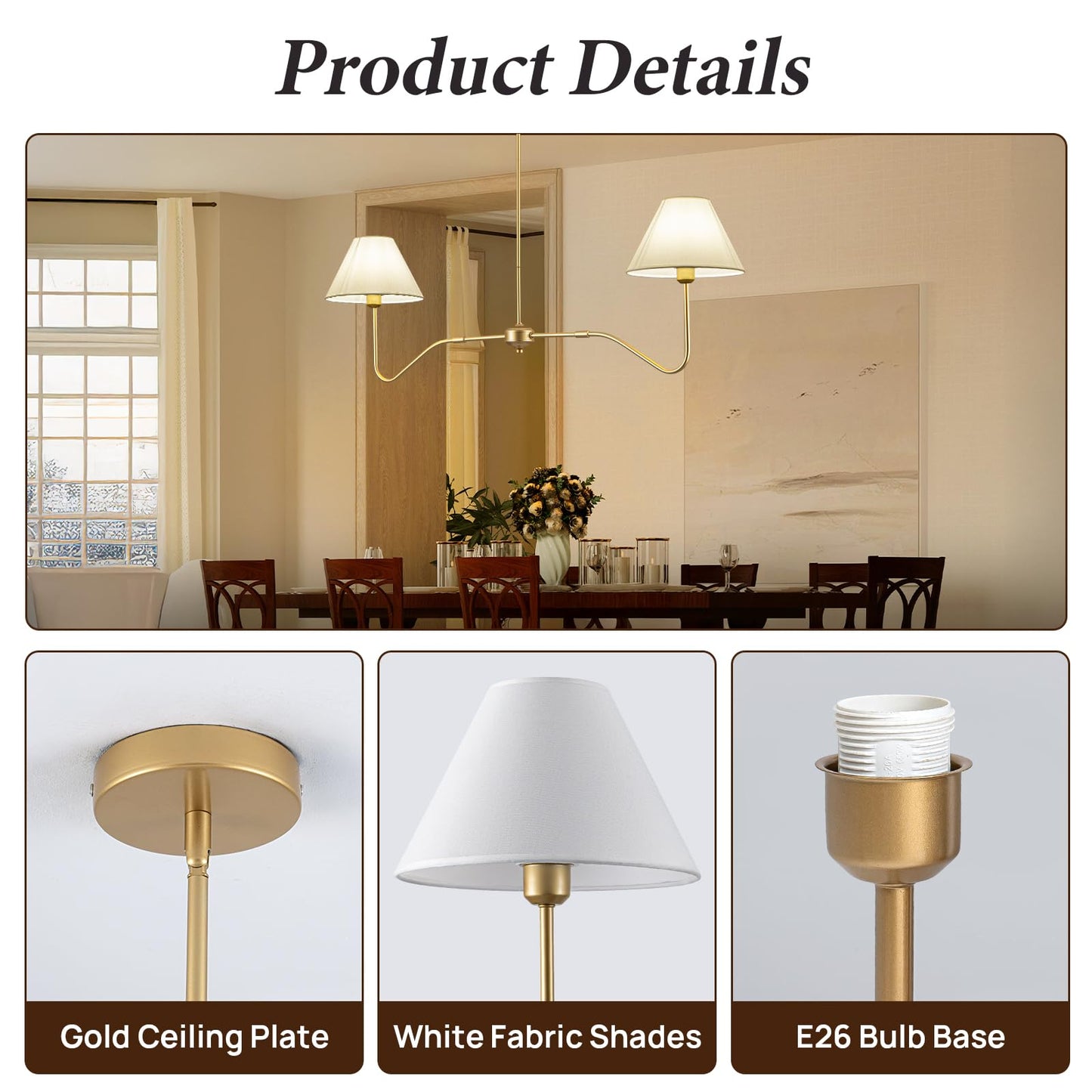 Jsdorsy 2-Light Gold Modern Linear Chandelier  55 Inch Farmhouse Kitchen Island Lighting With White Fabric Shades  Dining Room Light Fixtures For Living Room Bedroom  Height Adjustable