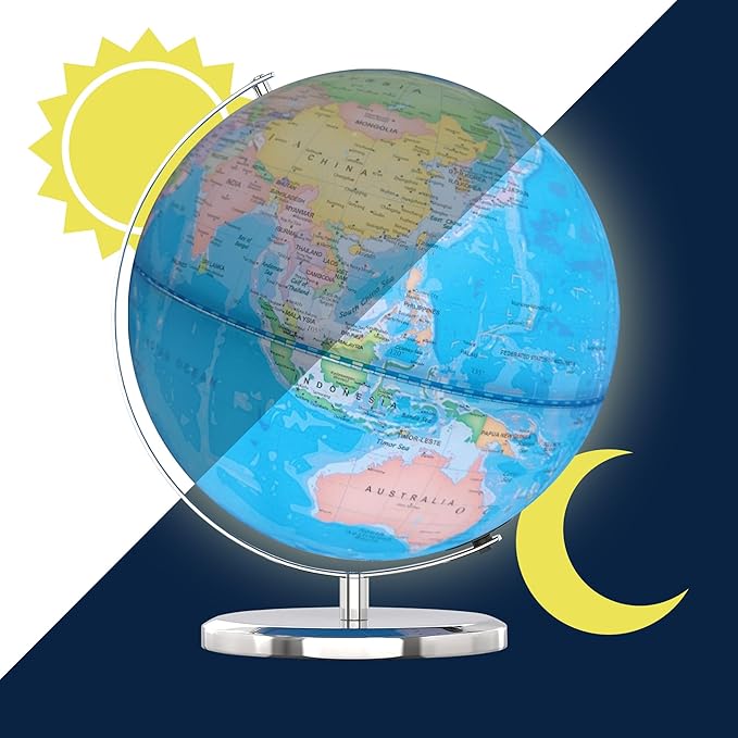 LED Illuminated World Globe with Chrome Rotating Stand – 3-in-1 Educational Tool for Kids & Adults, Interactive Learning Globe with Constellation Map, Lighted Display, 14 Inch