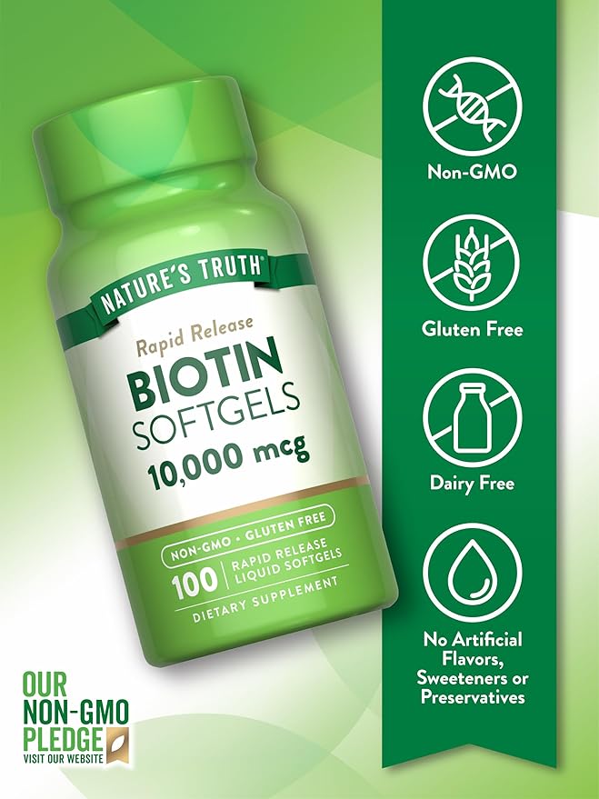Nature's Truth Biotin 10,000mcg | Rapid Release Softgels | 100 Count | Non-GMO & Gluten Free Supplement