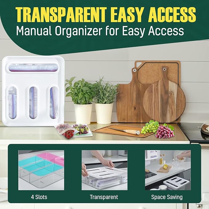 HIMUS Food Storage Bag Organizer - 4 in 1 Plastic Baggie Organizer for Drawer | Compatible with Sandwich, Snack, Gallon, Quart & Slider | Plastic Bag Organizers Kitchen Storage| Wall & Drawer Mount