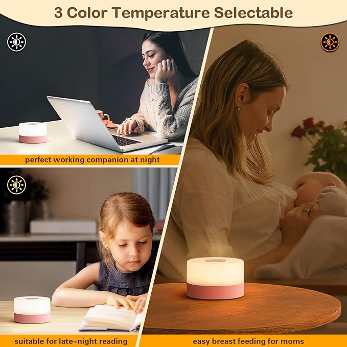 JUSHENG Night Light for Baby Nursery, Rechargeable LED Touch Light with 3CCT & Stepless Dimming Function, Portable Bedside Lamp Tap Lights Battery Powered for Breastfeeding, Kids, Nightstand-Pink