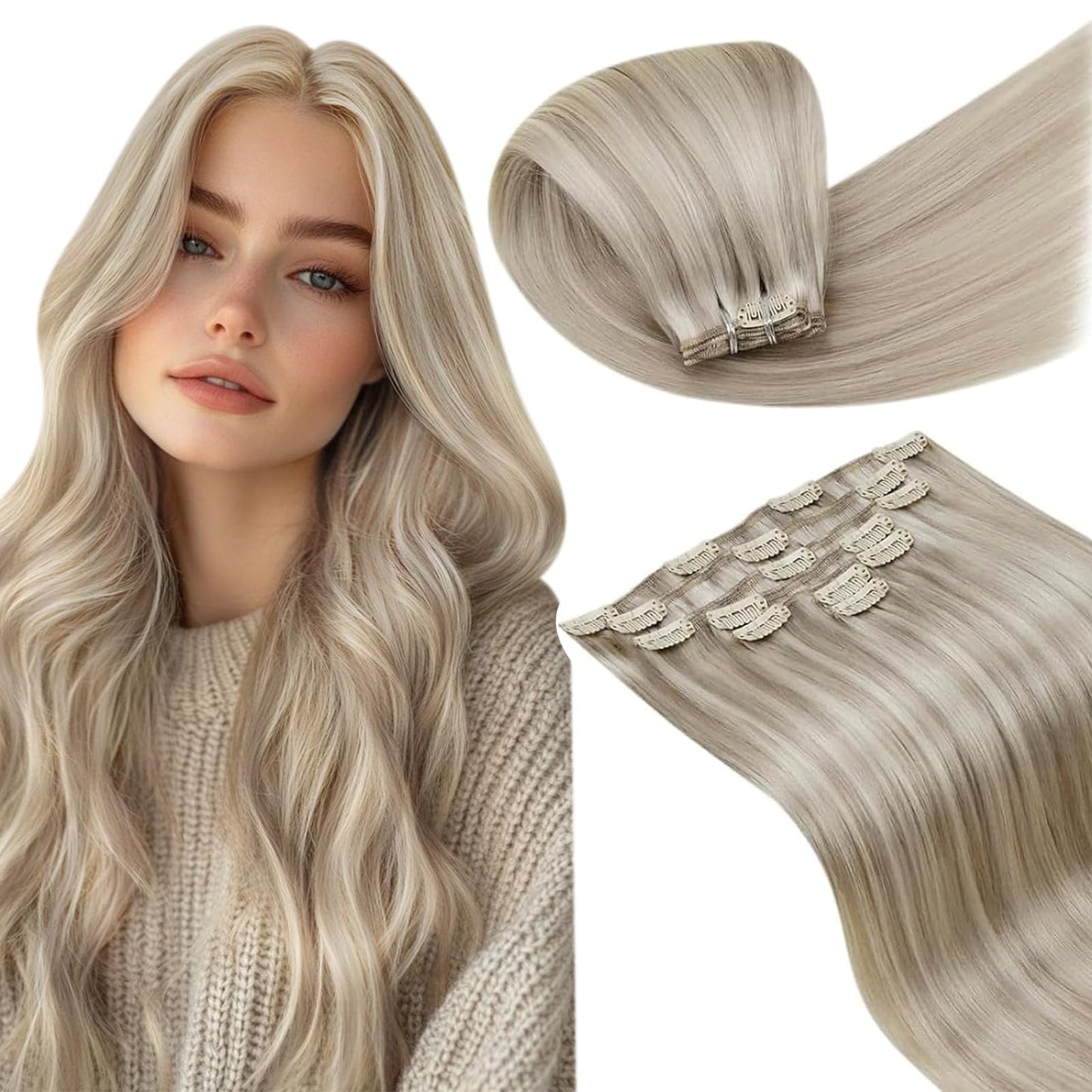 LaaVoo Clip in Hair Extensions Ash Blonde Highlight Real Hair Extensions Clip ins 20 Inch 7Pieces 120g