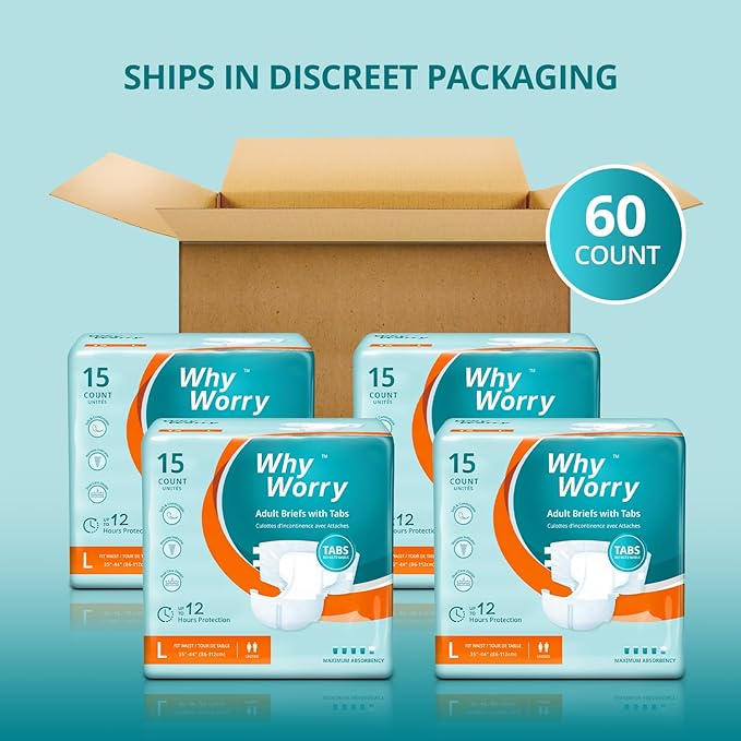 WhyWorry Adult Diapers with Tabs, Disposable Incontinence Briefs for Women & Men with Maximum Absorbency, Adult Briefs for Incontinence Overnight, Odor Control, Unisex, Large, 60 Count (4 Packs of 15)