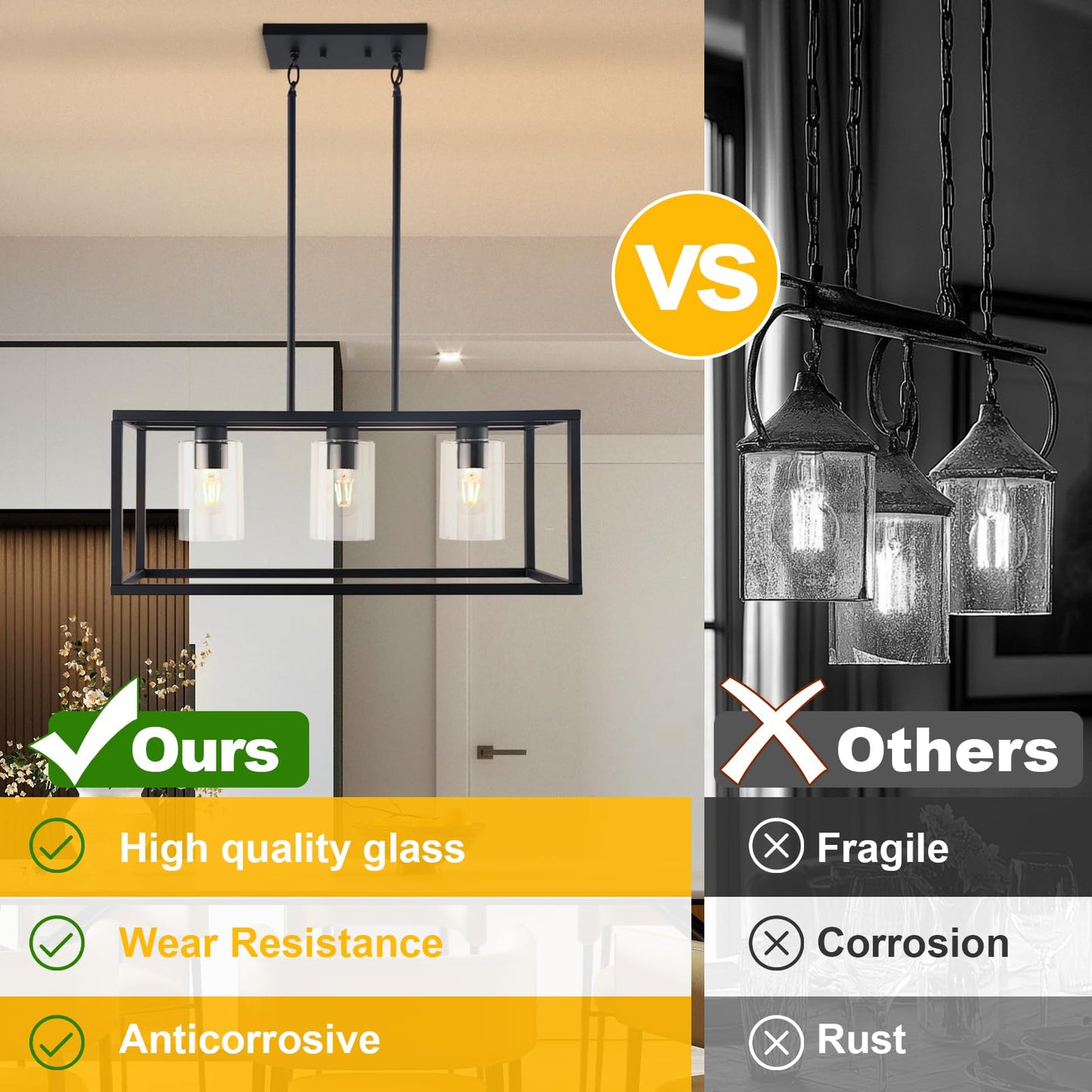 Kalium Chandeliers For Dining Room  3 Light Dining Room Light Fixture Modern Metal Industrial Kitchen Lighting Fixtures Ceiling Easy Installation Pendant Lights For Bar Restaurant-E26 Socket  Black