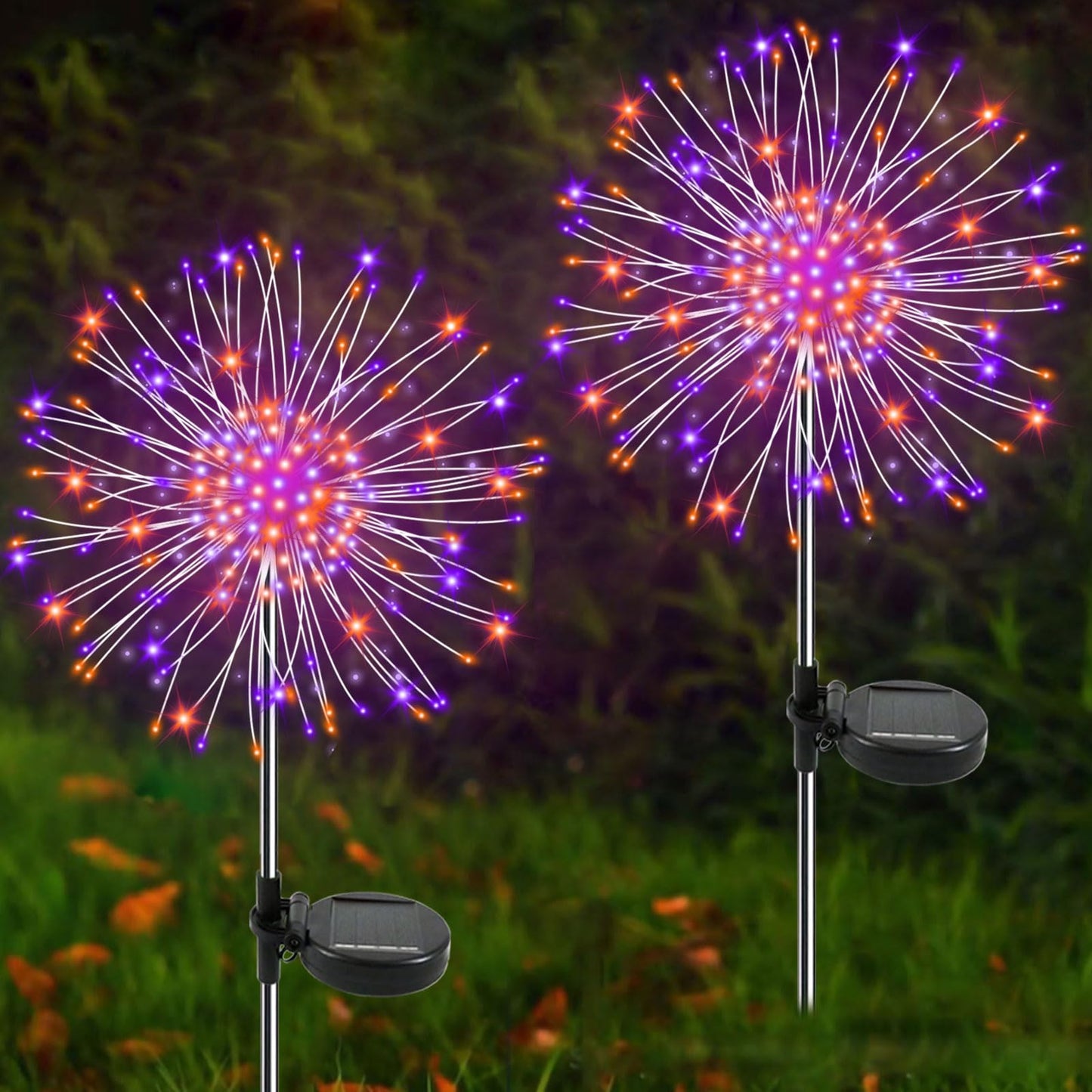 YaaFen Solar Garden Lights Outdoor, 2 Pack 120 LED, Waterproof Starburst Light, Purple + Orange