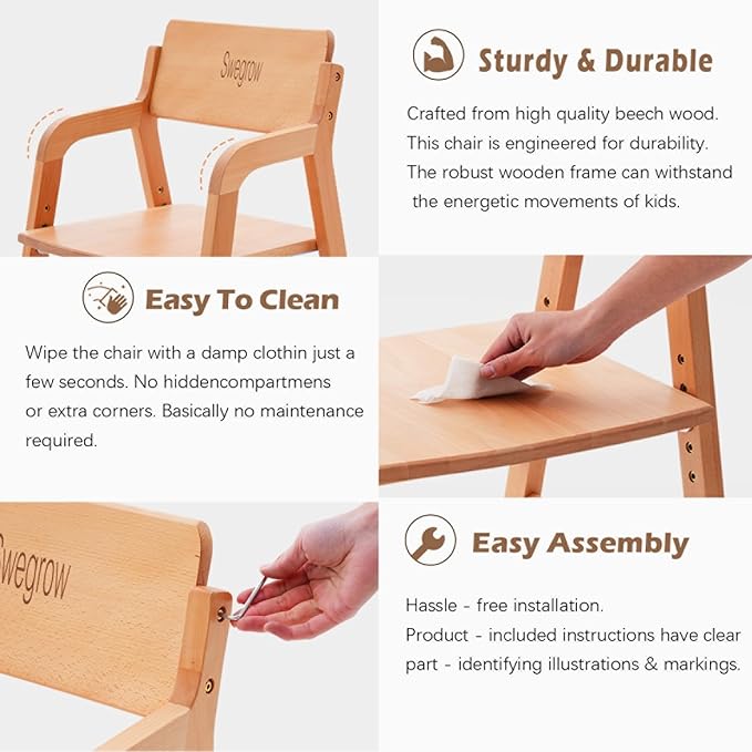 Swegrow Wooden High Chair with 2 Wheels, Adjustable Seat - Backrest - Footrest Heights, Wooden High Chair for Toddlers - Kids and Baby, Kids Dining Chair with Removable Cushion(Gray)