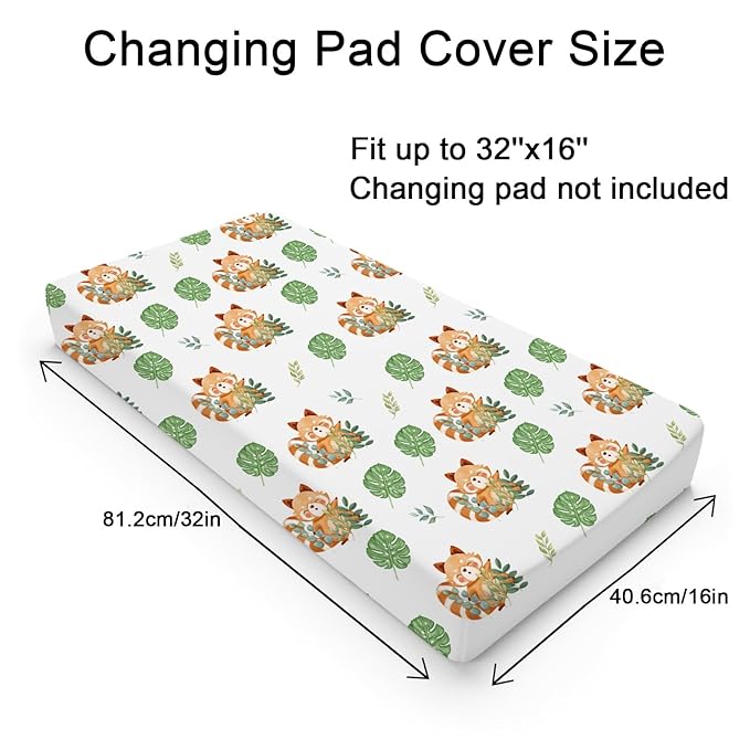 Cartoon Panda Tropical Leaves Changing Pad Cover Cute Panda Boho Leaf Unisex Diaper Change Table Sheets for Boy Girl Animal Wildlife Soft Stretchy Snug Fitted Diaper Changing Pad Cover Mats 32''x16''