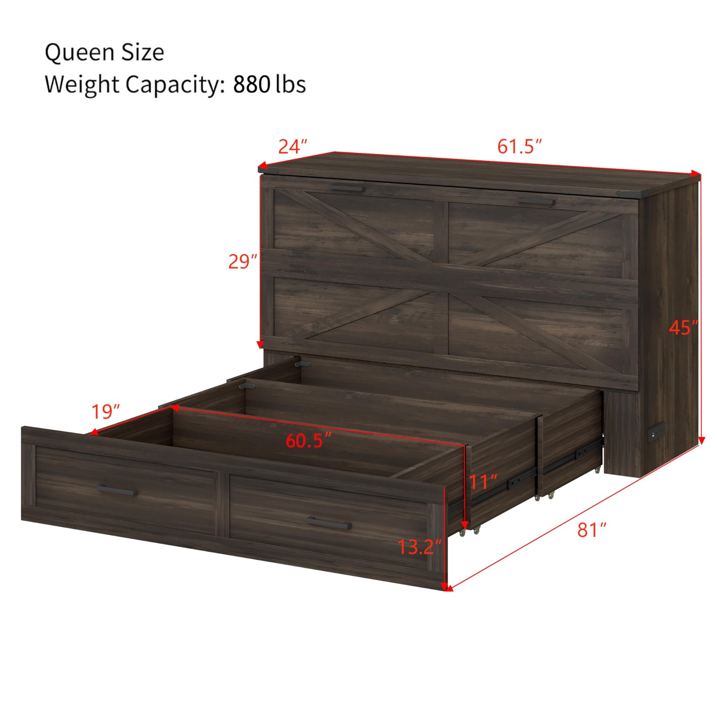 Bellemave Queen Murphy Bed, Cabinet Bed with Charging Station and Storage, Farmhouse Murphy Cabinet with Foldable Panel, Noisy Free, for Guest Bedroom, Living Room, Office, Rustic Gray