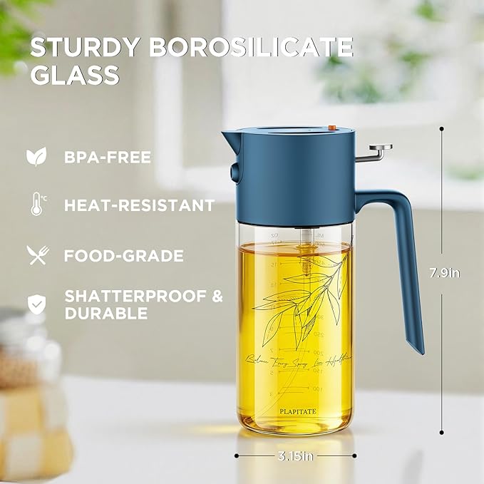 17oz/500ml Premium Olive Oil Sprayer for Cooking, 2 in 1 Glass Olive Oil Dispenser Bottle for Kitchen Gadgets, Spray Bottle with Portion Control for Salad, Frying, BBQ (Blue)