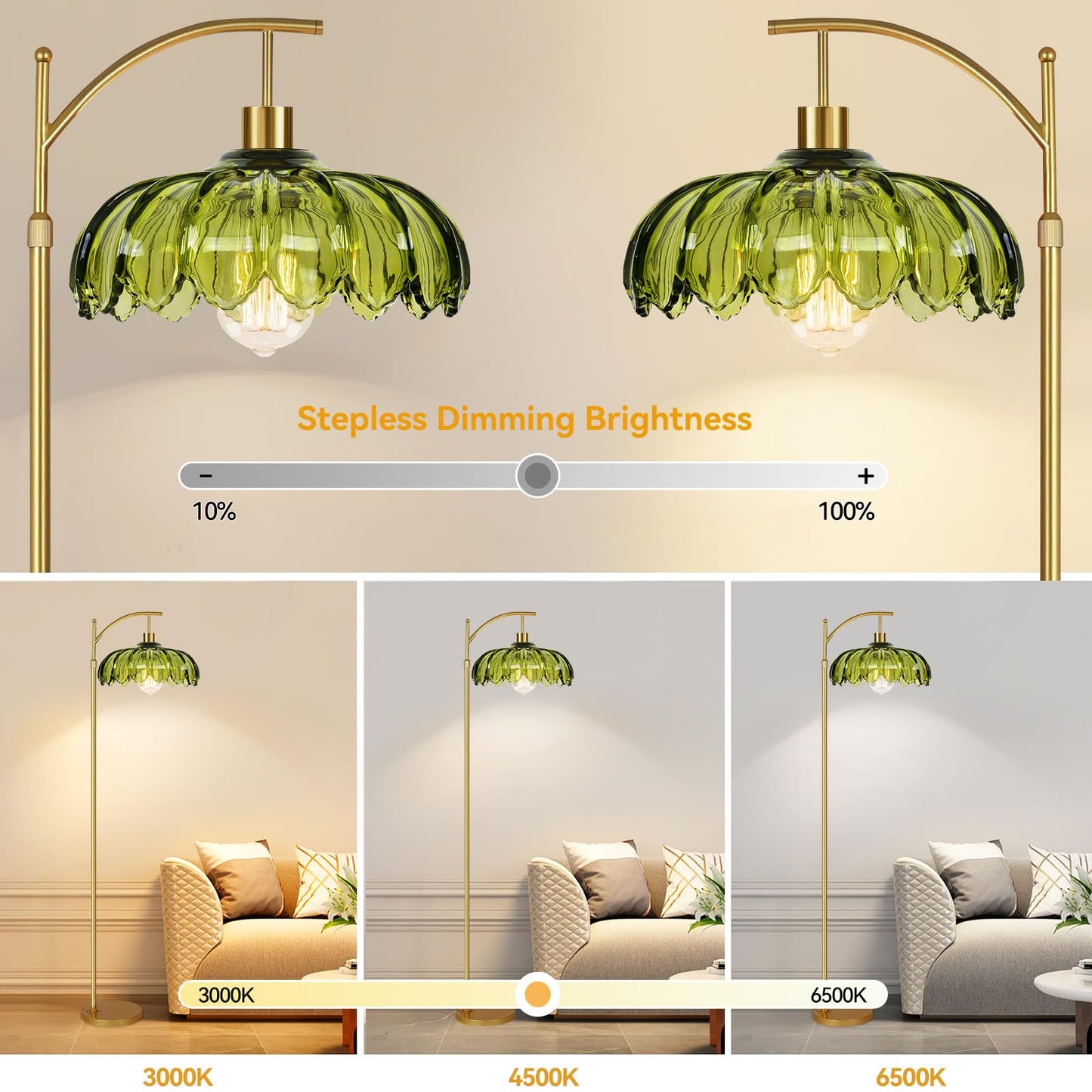 ZECOXOL Gold Floor Lamp, Vintage Glass with Remote Control, Dimmable, 10.2in Tall, Brass, Green-Glass, Mid Century Modern Design