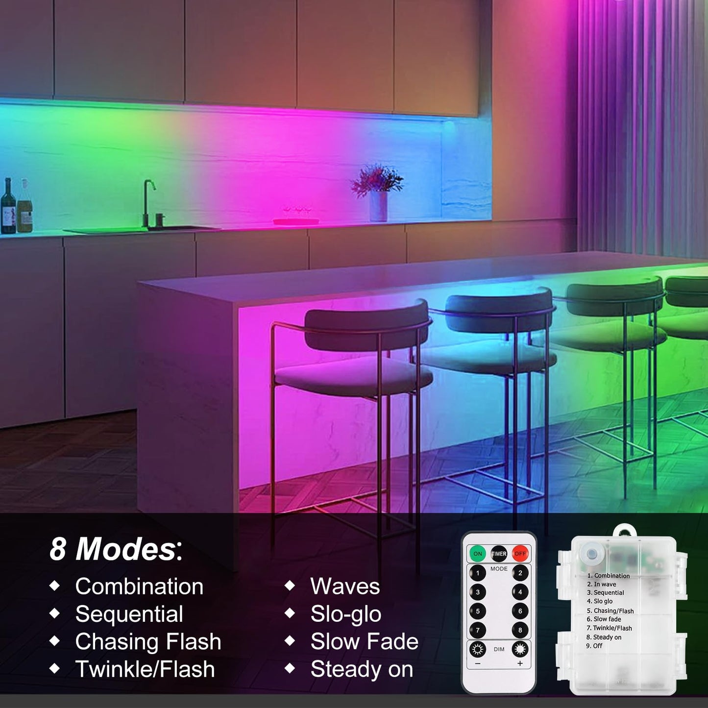 Smart Direct Rgb Led Strip Lights, 9.8Ft, 90 Leds, Battery Operated, Waterproof, Multicolor, Remote Timer, Dimmable For Indoor/Outdoor Use