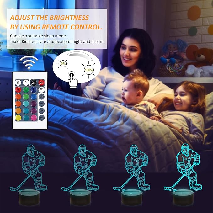 FULLOSUN 3D Night Lights Ice Hockey Athlete 3D Illusion Bedside Lamp 16 Colors Changing with Remote Control Best Birthday Gifts for Men Women