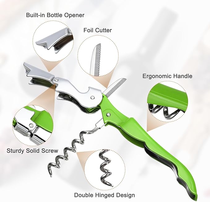 uxcell 4 Pcs 4.8" Stainless Steel Wine Opener, Waiter Corkscrew Professional Wine Key Bottle Opener with Double Hinged Foil Cutter for Bar Servers Waiter Bartender and Home, Green