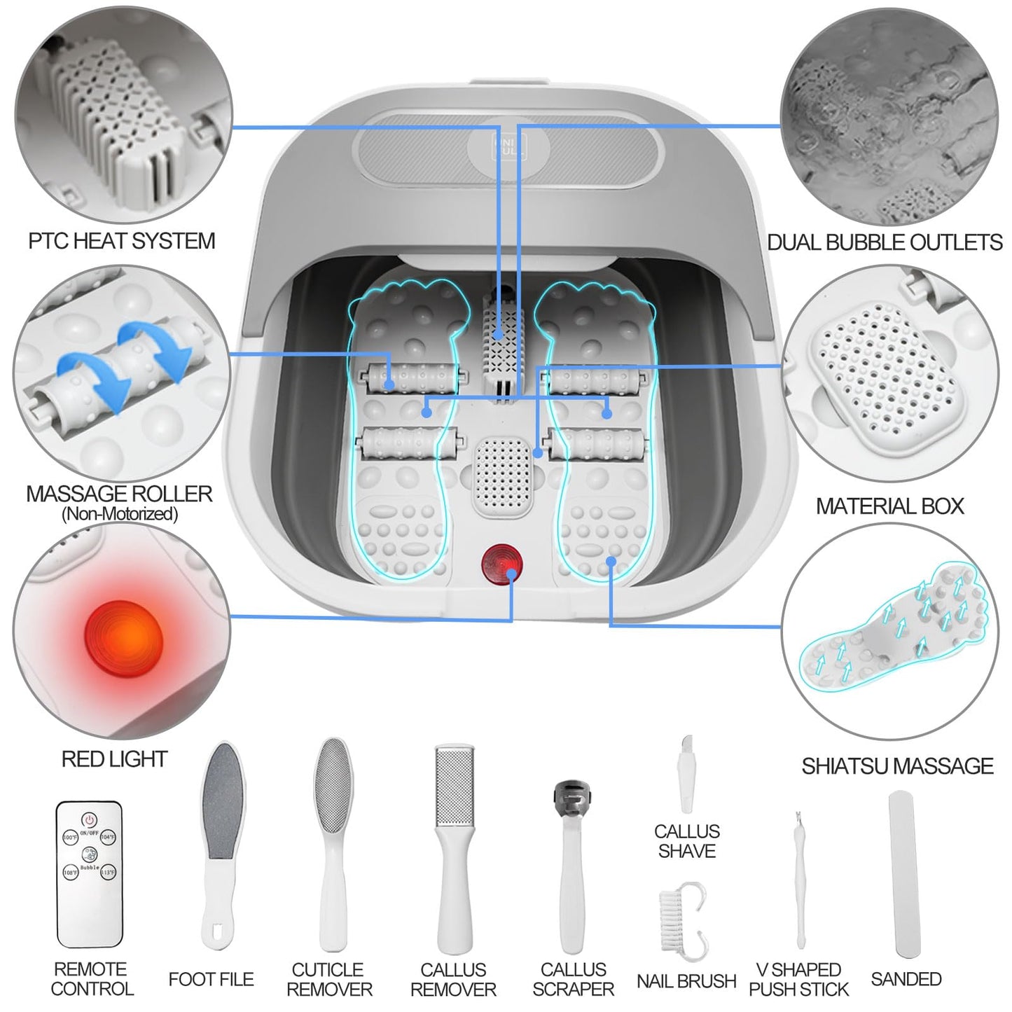 UNIFULL Collapsible Foot Spa Bath with Heat and Massage Rollers, Bubble, Foot Pedicure Kit, Temperature Control, Red Light, Pedi