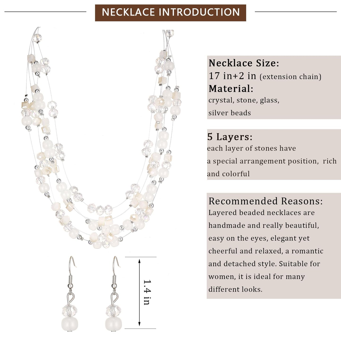 Layered Chunky Statement Necklace for Women Colorful Boho Beaded Necklaces and Earring Set Fashion Costume Jewelry for Women(Whi