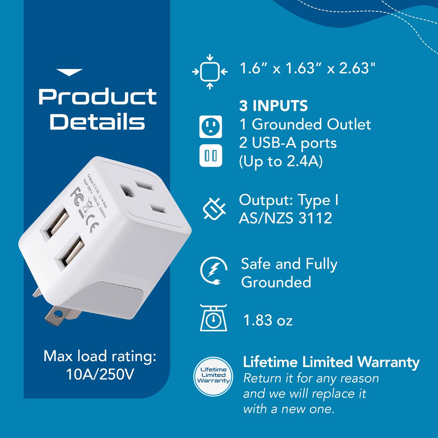 Ceptics Australia, New Zealand, China Travel Adapter Plug - Dual Usb Input - Ultra Compact - Usa To Type I - Perfect For Cell Ph