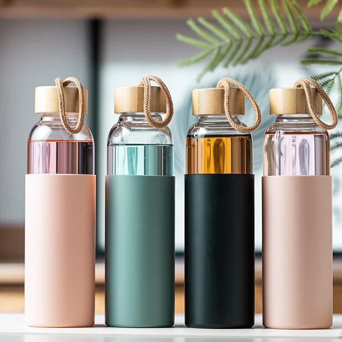 21oz Glass Water Bottle with Silicone Sleeve & Bamboo Lid, BPA Free Reusable Water Bottle Glass for Gym Office Travel, Gift for Fitness Enthusiasts (Green+Pink+Black)