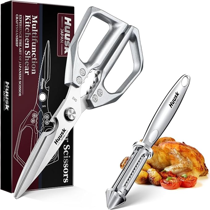 Huusk Kitchen Scissors and Potato Peelers Set, Multifunction Japanese Vegetable Peeler for Kitchen, Stainless Steel Cooking Shears with Fruit Peeler for Carrot, Veggie, Christmas Gifts for Women