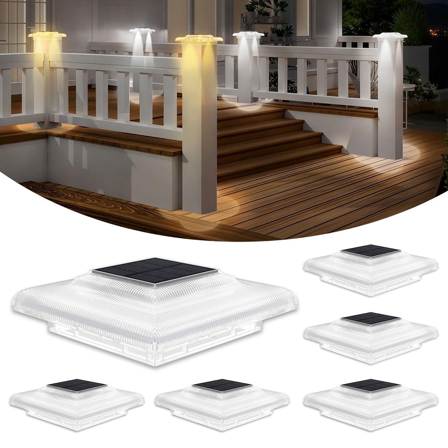 T-Sun Solar Post Cap Lights 4X4  Fence Post Solar Lights 6 Packs  Ip65 Waterproof Outdoor Lighting Smart Auto On/Off For Stairs Step  Vinyl Fence Tops  Deck  Patio  Garden (Warm/Cool White)