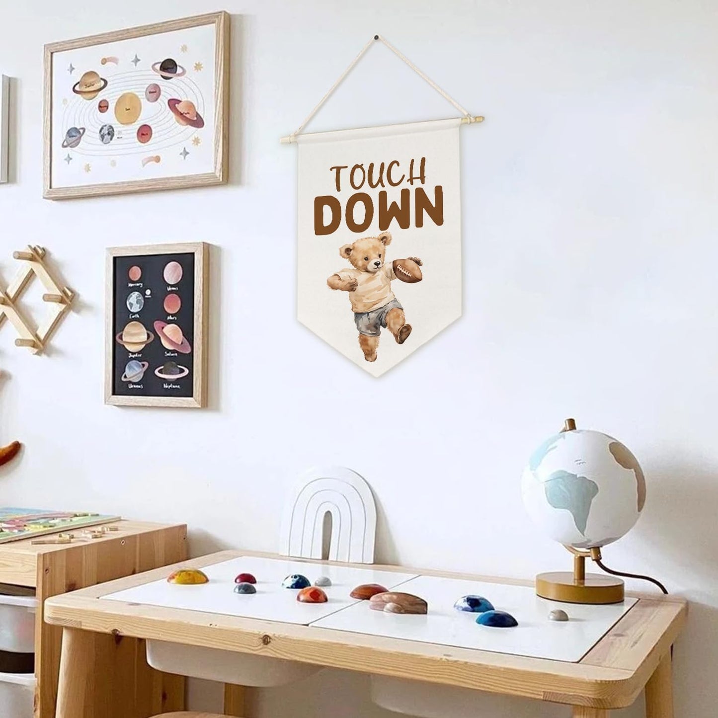 ArtisaEura Bear Nursery Football Wall Canvas Banners, Bear Nursery Decor, Touch Down Football Hanging Display Pennant Banner Flags, Cute Animals Wall Decor for Kids Room Bedroom Playroom